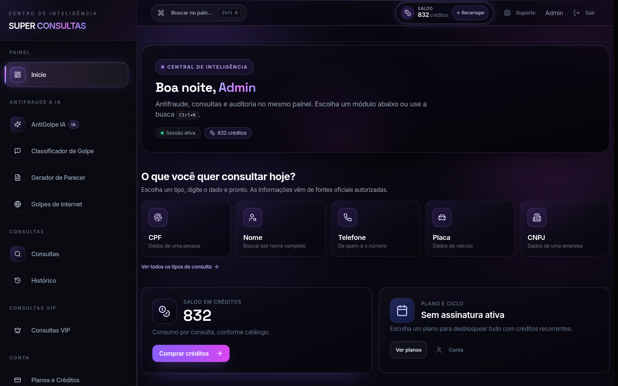 Painel principal da Super Consultas com módulos de inteligência